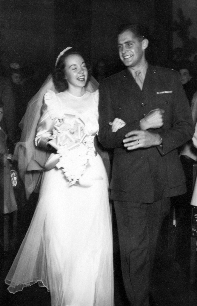 Lieutenant Harold W. Flesher at his wedding to Margaret Williamson Flesher, January 1, 1946. Dad’s in his marine uniform. 